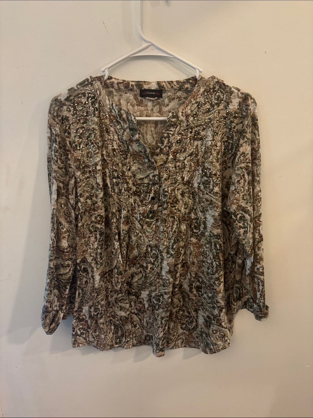 Cocomo Brown and Cream Paisley V-Neck Blouse Size L